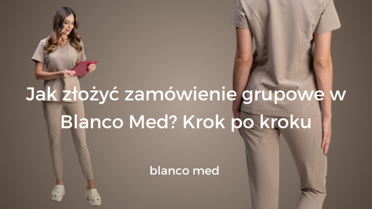 Laptop z otwartą stroną Blanco Med i osoba wybierająca odzież medyczną do zamówienia grupowego.