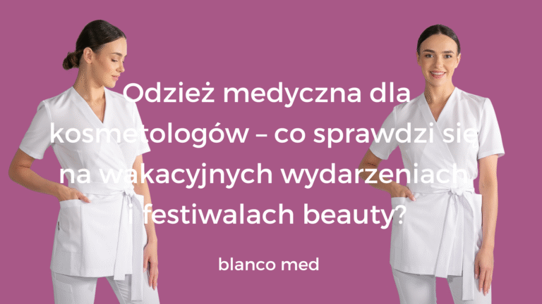 Kosmetolożka w stylowej tunice medycznej Blanco Med stojąca przy stanowisku podczas plenerowego wydarzenia branżowego