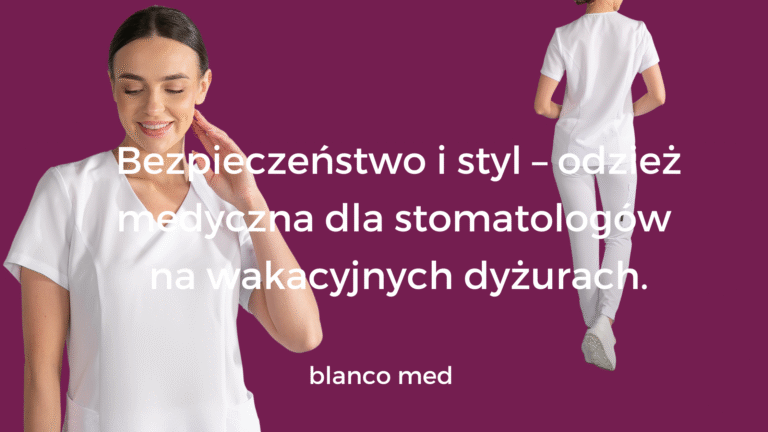 Stomatolog w jasnym, letnim uniformie medycznym Blanco Med przygotowujący się do zabiegu w klimatyzowanym gabinecie.