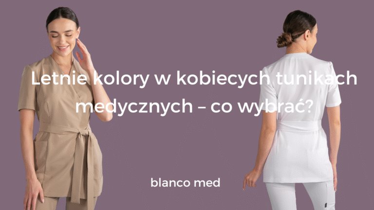 Kobieta w tunice medycznej Blanco Med w kolorze Café Cream spacerująca w słoneczny dzień przed placówką medyczną.