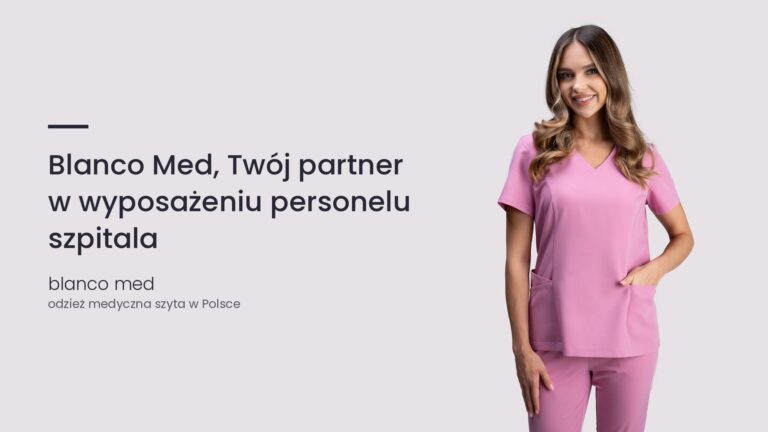 Kobieta w różowym komplecie medycznym Blanco Med. Blanco Med, Twój partner w wyposażeniu personelu szpitala
