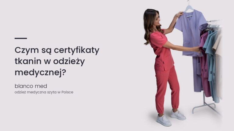 Kobieta w koralowym komplecie medycznym Blanco Med. Czym są certyfikaty tkanin w odzieży medycznej?