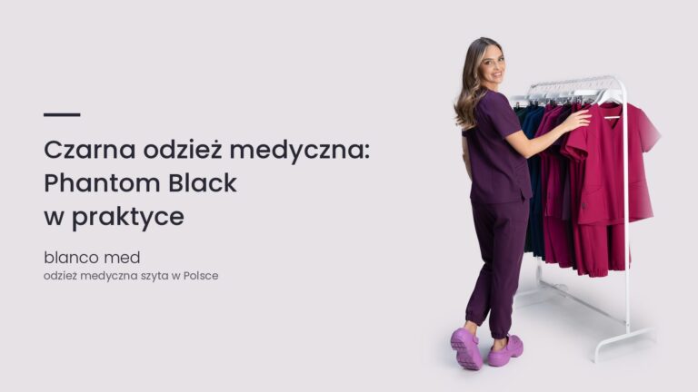Kobieta w śliwkowym komplecie medycznym Blanco Med. Czarna odzież medyczna: Phantom Black w praktyce