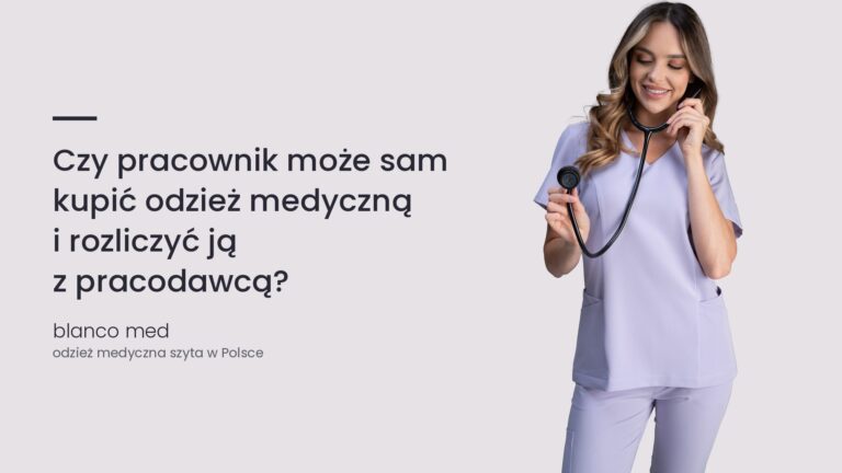 Kobieta w lawendowym komplecie medycznym Blanco Med. Czy pracownik może sam kupić odzież medyczną i rozliczyć ją z pracodawcą?