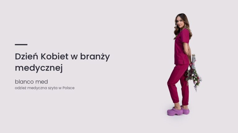 Kobieta w malinowym komplecie medycznym Blanco Med. Dzień Kobiet w branży medycznej