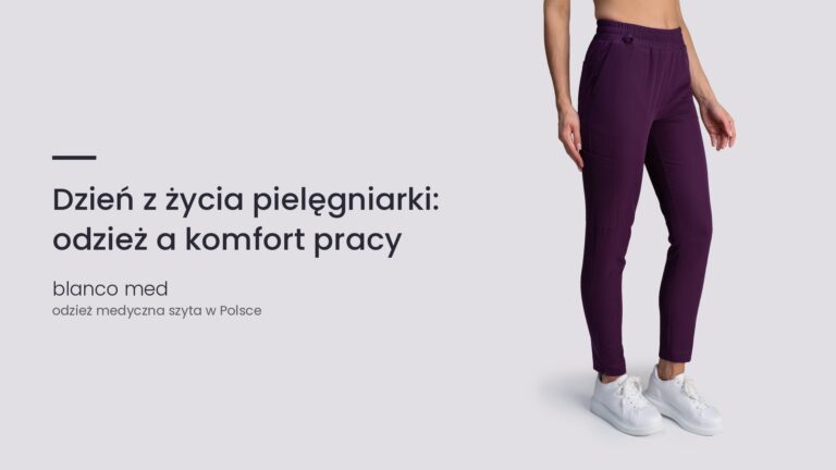 Kobieta w śliwkowym komplecie medycznym Blanco Med. Dzień z życia pielęgniarki: odzież a komfort pracy