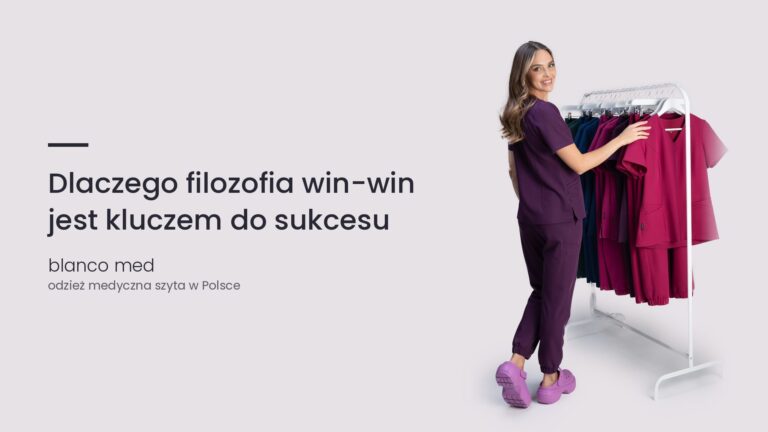 Kobieta w śliwkowym komplecie medycznym Blanco Med. Dlaczego filozofia win-win jest kluczem do sukcesu