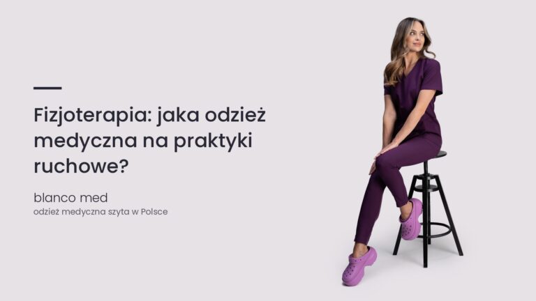 Kobieta w śliwkowym komplecie medycznym Blanco Med. Fizjoterapia: jaka odzież medyczna na praktyki ruchowe?
