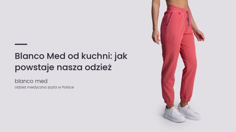 Kobieta w koralowym komplecie medycznym Blanco Med. Blanco Med od kuchni: jak powstaje nasza odzież