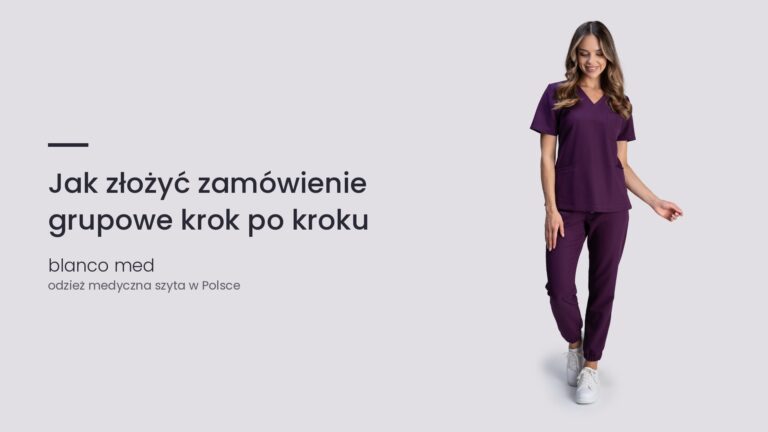 Kobieta w śliwkowym komplecie medycznym Blanco Med. Jak złożyć zamówienie grupowe krok po kroku