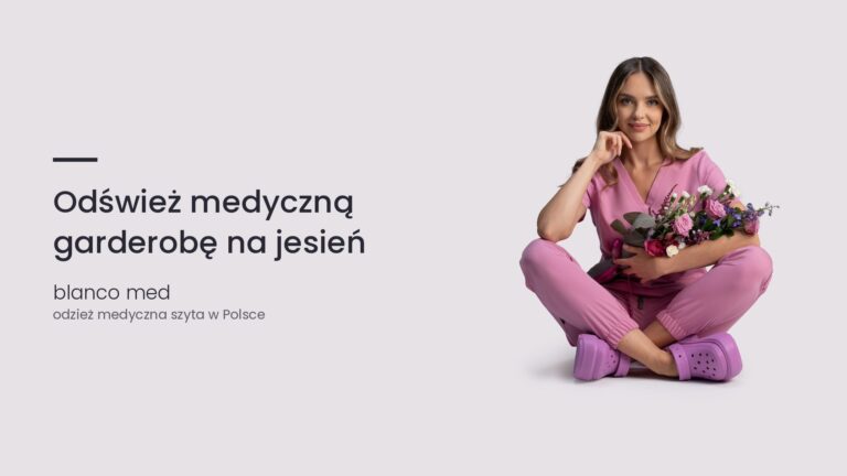 Kobieta w różowym komplecie medycznym Blanco Med. Odśwież medyczną garderobę na jesień