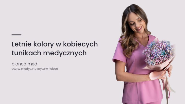 Kobieta w różowym komplecie medycznym Blanco Med. Letnie kolory w kobiecych tunikach medycznych