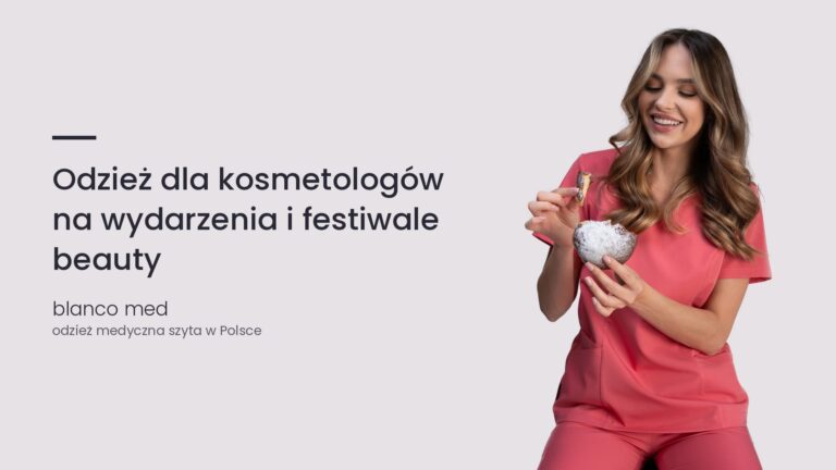 Kobieta w koralowym komplecie medycznym Blanco Med. Odzież dla kosmetologów na wydarzenia i festiwale beauty