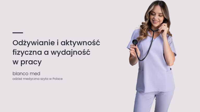 Kobieta w lawendowym komplecie medycznym Blanco Med. Odżywianie i aktywność fizyczna a wydajność w pracy
