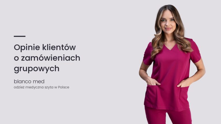 Kobieta w malinowym komplecie medycznym Blanco Med. Opinie klientów o zamówieniach grupowych