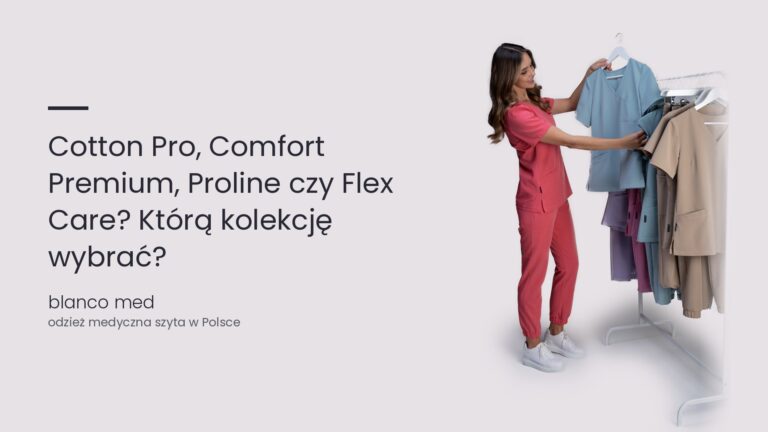Kobieta w koralowym komplecie medycznym przegląda bluzy z różnych kolekcji Blanco Med. Cotton Pro vs Comfort Premium vs Proline vs Flex Care, którą kolekcję odzieży medycznej wybrać?