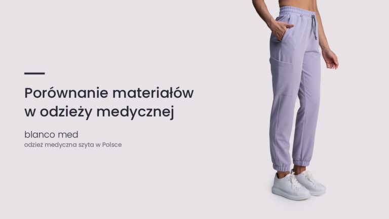 Kobieta w lawendowym komplecie medycznym Blanco Med. Porównanie materiałów w odzieży medycznej