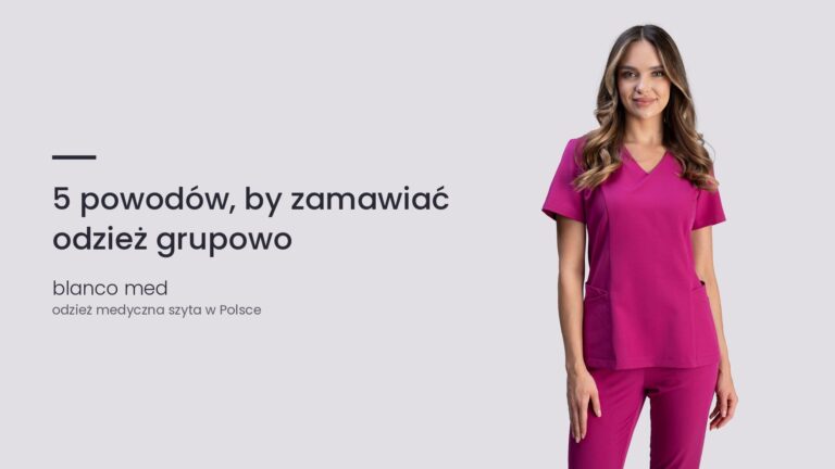 Kobieta w amarantowym komplecie medycznym Blanco Med. 5 powodów, by zamawiać odzież grupowo