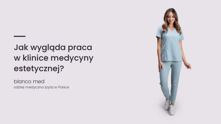 Kobieta w błękitnym komplecie medycznym Blanco Med. Jak wygląda praca w klinice medycyny estetycznej?