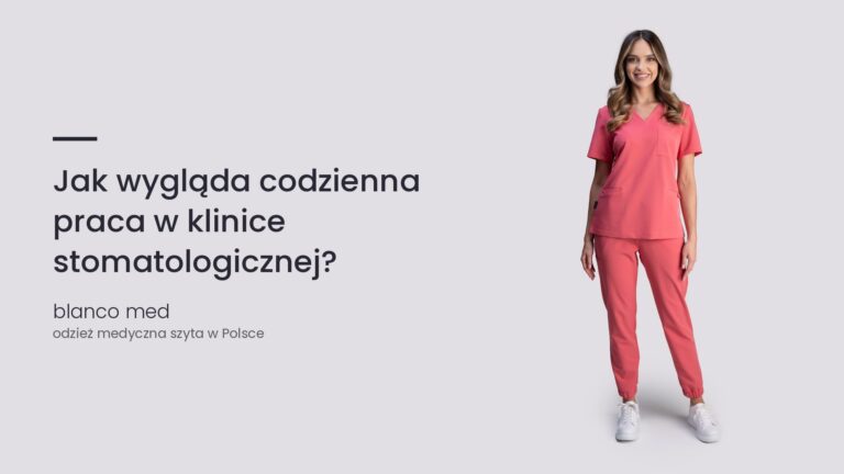 Kobieta w koralowym komplecie medycznym Blanco Med. Jak wygląda codzienna praca w klinice stomatologicznej?