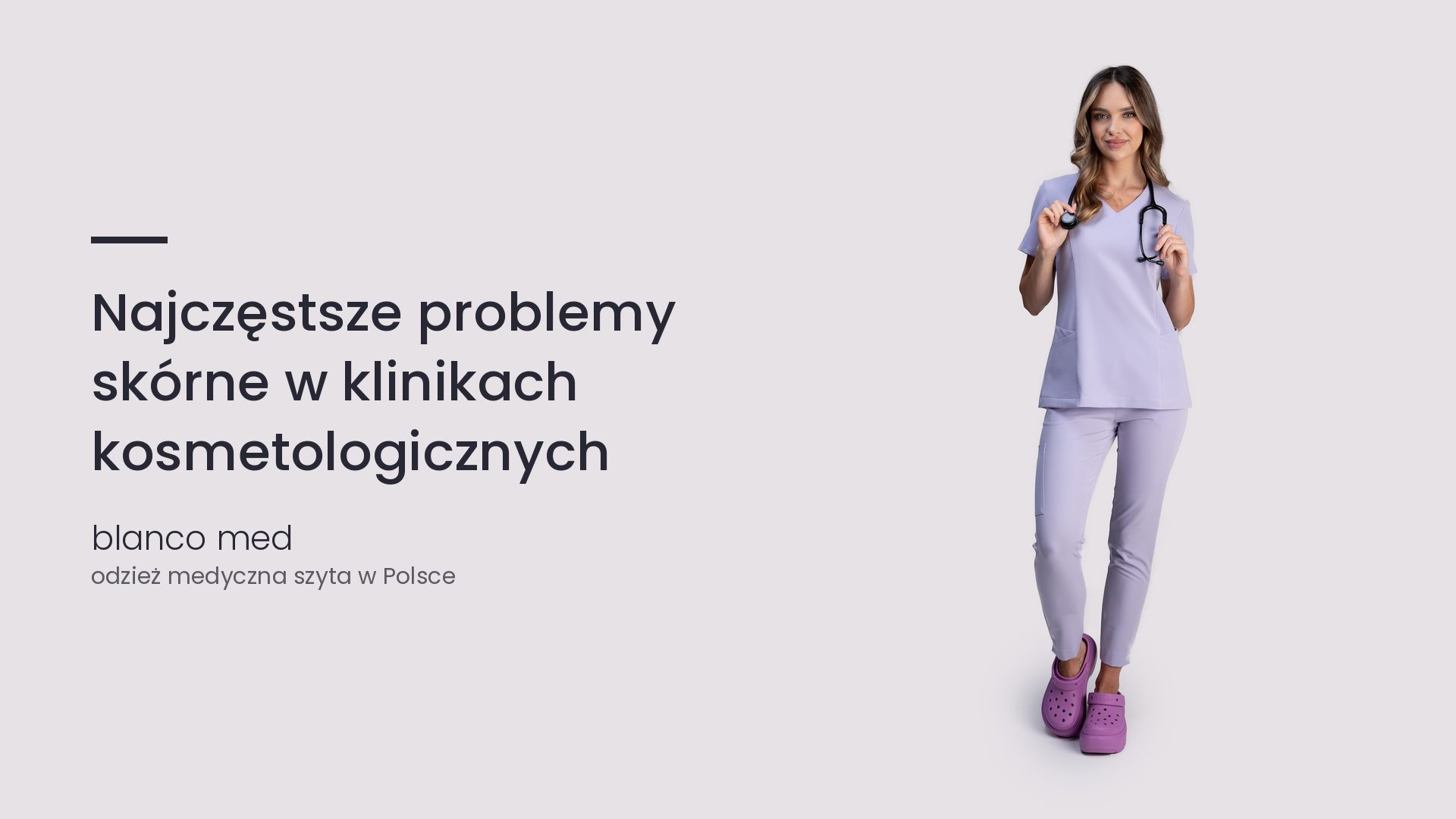 Kobieta w lawendowym komplecie medycznym Blanco Med. Najczęstsze problemy skórne w klinikach kosmetologicznych