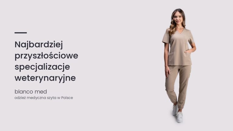 Kobieta w beżowym komplecie medycznym Blanco Med. Najbardziej przyszłościowe specjalizacje weterynaryjne