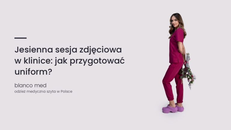 Kobieta w malinowym komplecie medycznym Blanco Med. Jesienna sesja zdjęciowa w klinice: jak przygotować uniform?