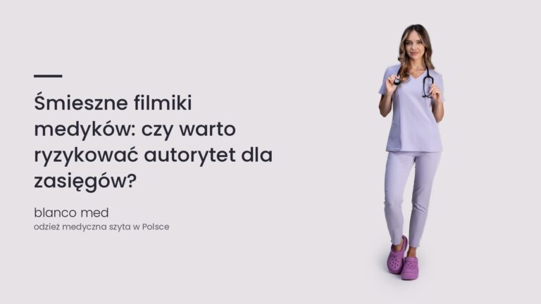 Kobieta w lawendowym komplecie medycznym Blanco Med. Śmieszne filmiki medyków: czy warto ryzykować autorytet dla zasięgów?