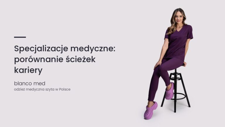 Kobieta w śliwkowym komplecie medycznym Blanco Med. Specjalizacje medyczne: porównanie ścieżek kariery lekarzy, farmaceutów i stomatologów