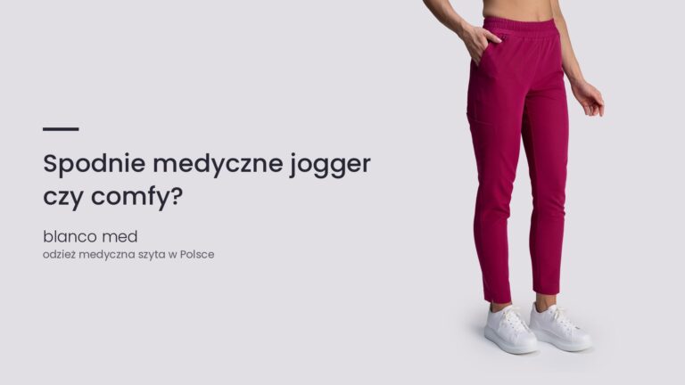 Kobieta w malinowym komplecie medycznym Blanco Med. Spodnie medyczne jogger czy comfy?