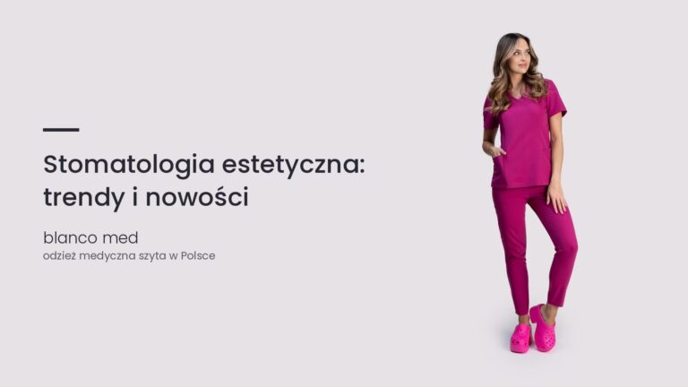 Kobieta w amarantowym komplecie medycznym Blanco Med. Stomatologia estetyczna: trendy i nowości
