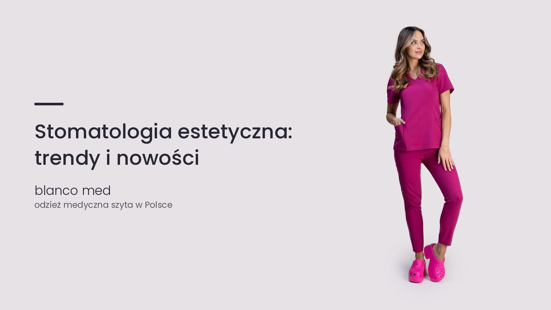 Kobieta w amarantowym komplecie medycznym Blanco Med. Stomatologia estetyczna: trendy i nowości