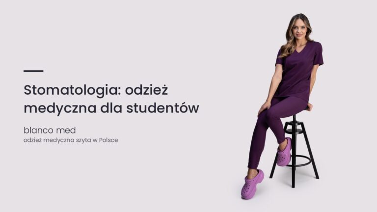 Kobieta w śliwkowym komplecie medycznym Blanco Med. Stomatologia: odzież medyczna dla studentów
