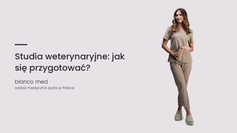 Kobieta w beżowym komplecie medycznym Blanco Med. Studia weterynaryjne: jak się przygotować?