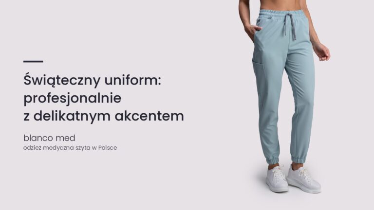 Kobieta w błękitnym komplecie medycznym Blanco Med. Świąteczny uniform: profesjonalnie z delikatnym akcentem