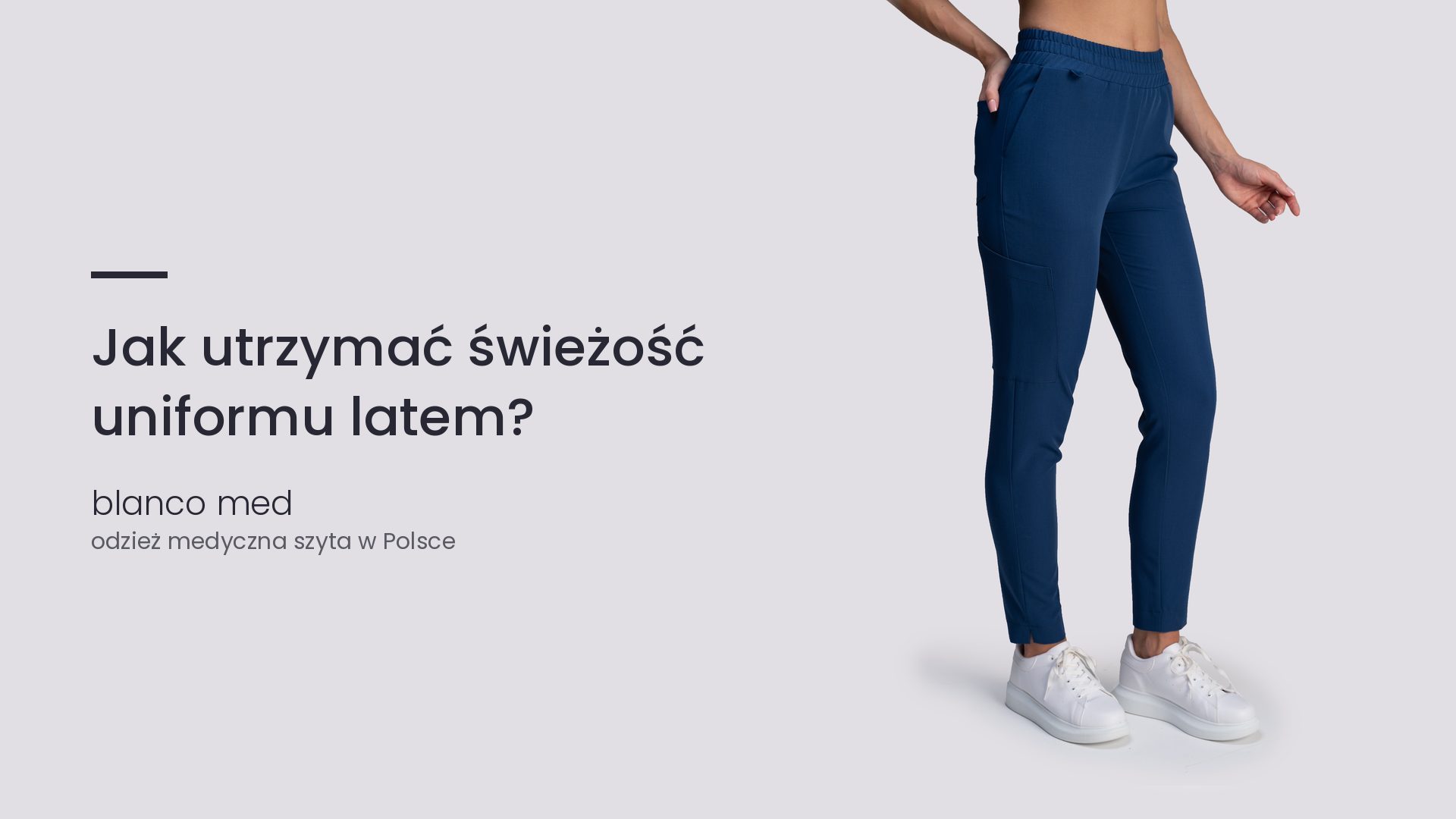 Kobieta w granatowym komplecie medycznym Blanco Med. Jak utrzymać świeżość uniformu latem?