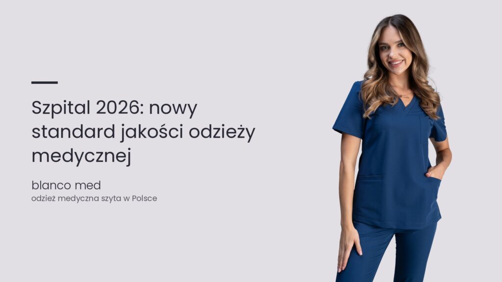 Kobieta w granatowym komplecie medycznym Blanco Med. Szpital 2026, nowy standard jakości w odzieży medycznej