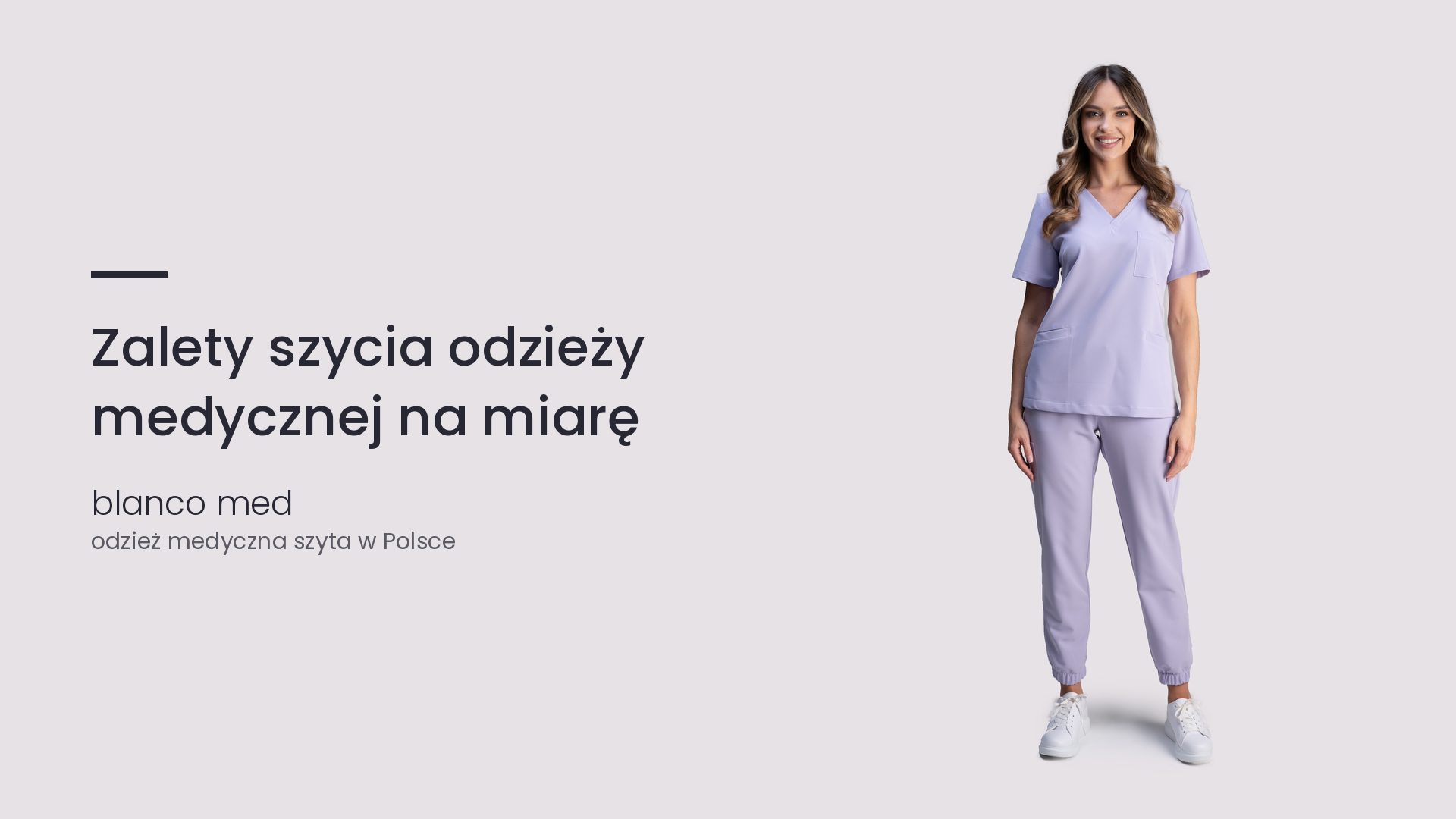 Kobieta w lawendowym komplecie medycznym Blanco Med. Zalety szycia odzieży medycznej na miarę