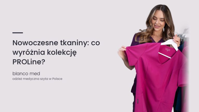 Kobieta w śliwkowym komplecie medycznym Blanco Med. Nowoczesne tkaniny: co wyróżnia kolekcję PROLine?
