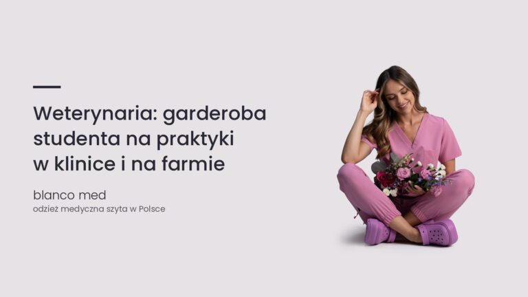 Kobieta w różowym komplecie medycznym Blanco Med. Weterynaria: garderoba studenta na praktyki w klinice i na farmie