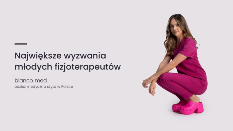 Kobieta w amarantowym komplecie medycznym Blanco Med. Największe wyzwania młodych fizjoterapeutów
